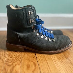 Men's Black Suede Frye Boots with Blue Laces